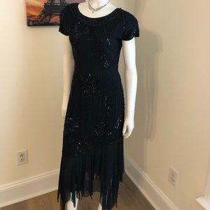 Beaded Black Silk Scarf-hem Cocktail Holiday Dress -  Stunning, detailed floral